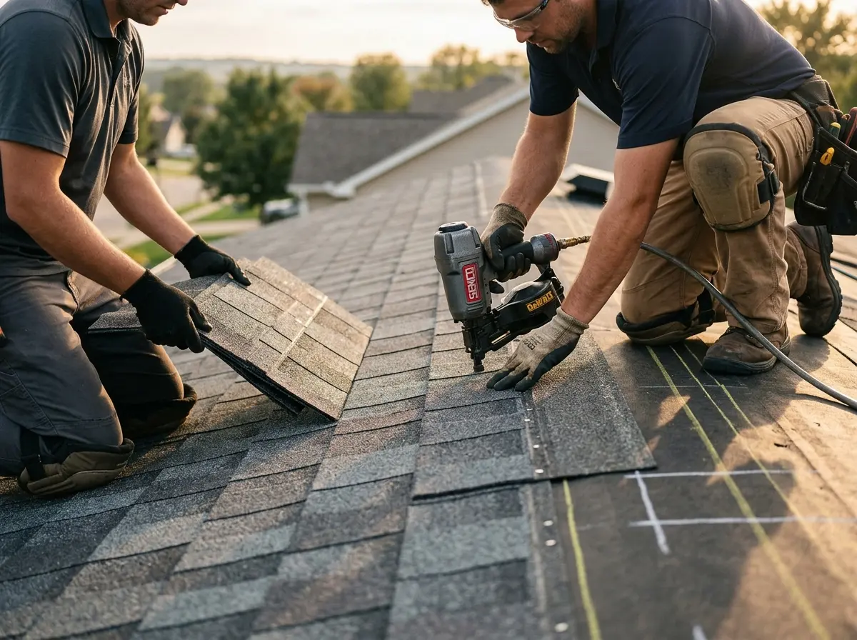 Professional roofer working on a residential roof in Corsicana